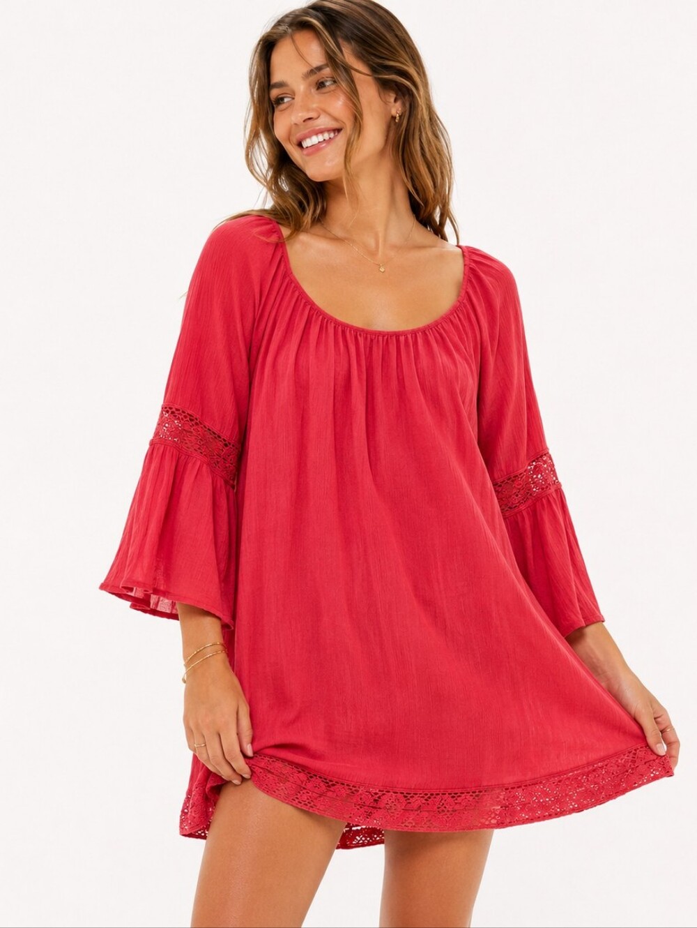 Aerie ($95) Scoop Back Boho Peasant Dress Red Flowy Bell Sleeve Mini Dress